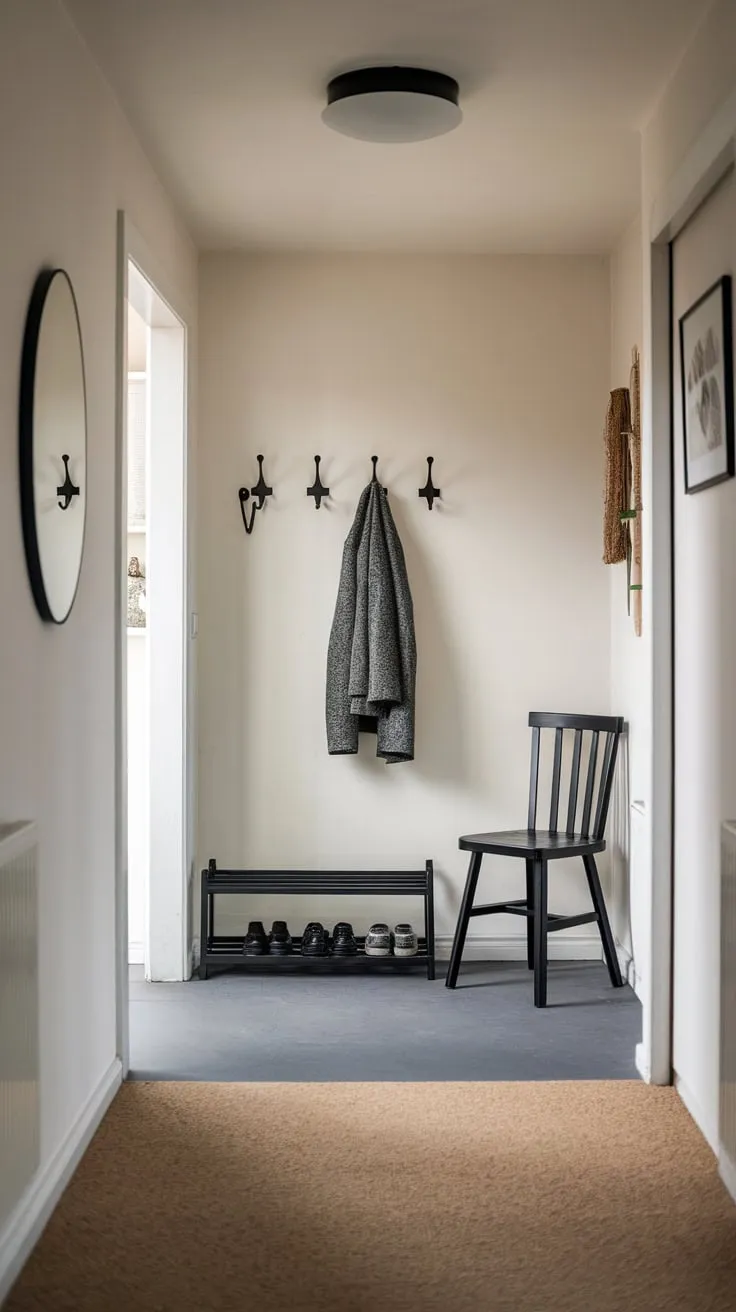 A stylish modern entryway features a beige carpet, white walls, and sleek black accents including a shoe rack and chair, all illuminated by soft lighting.