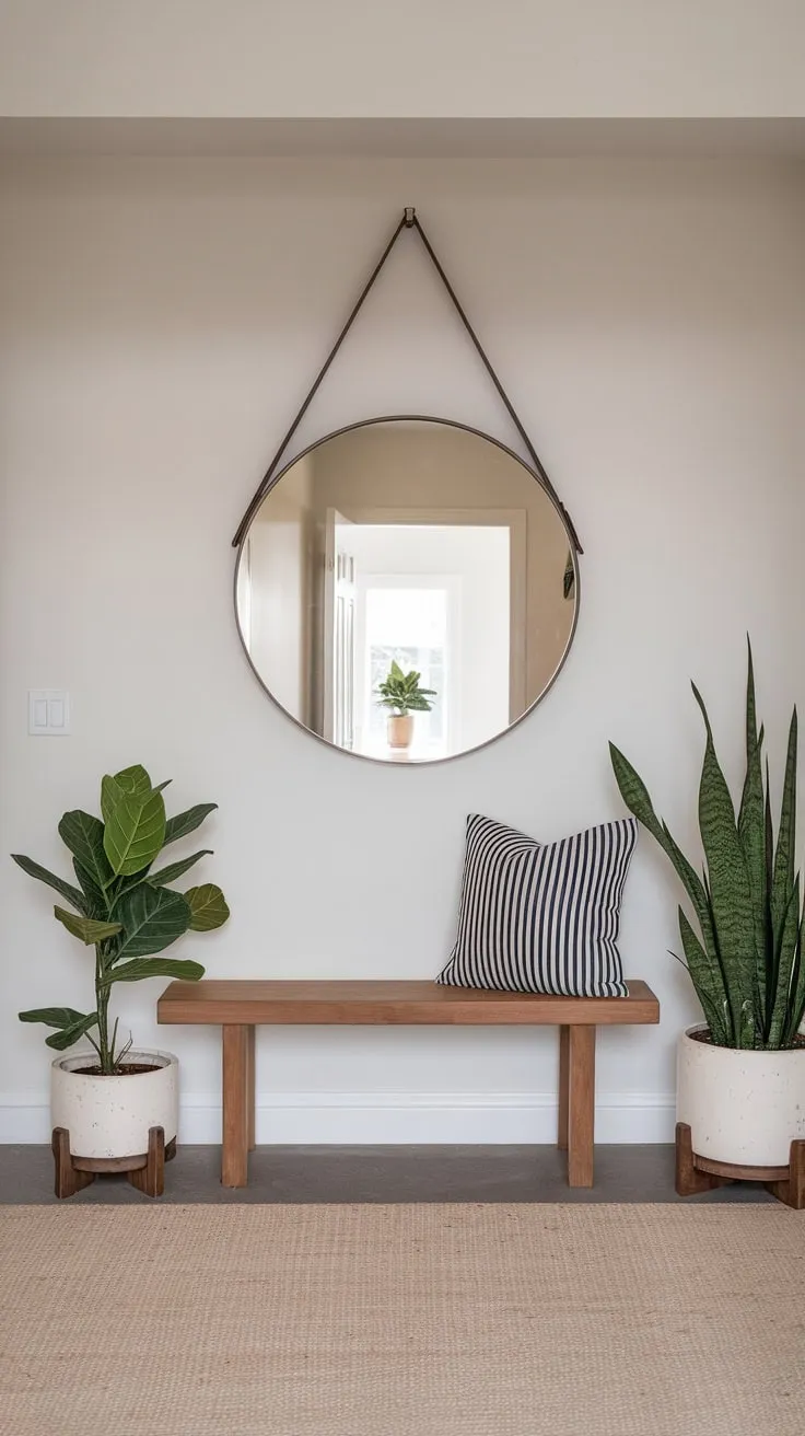 Sleek white walls and a beige rug complete this inviting and stylish modern entryway.