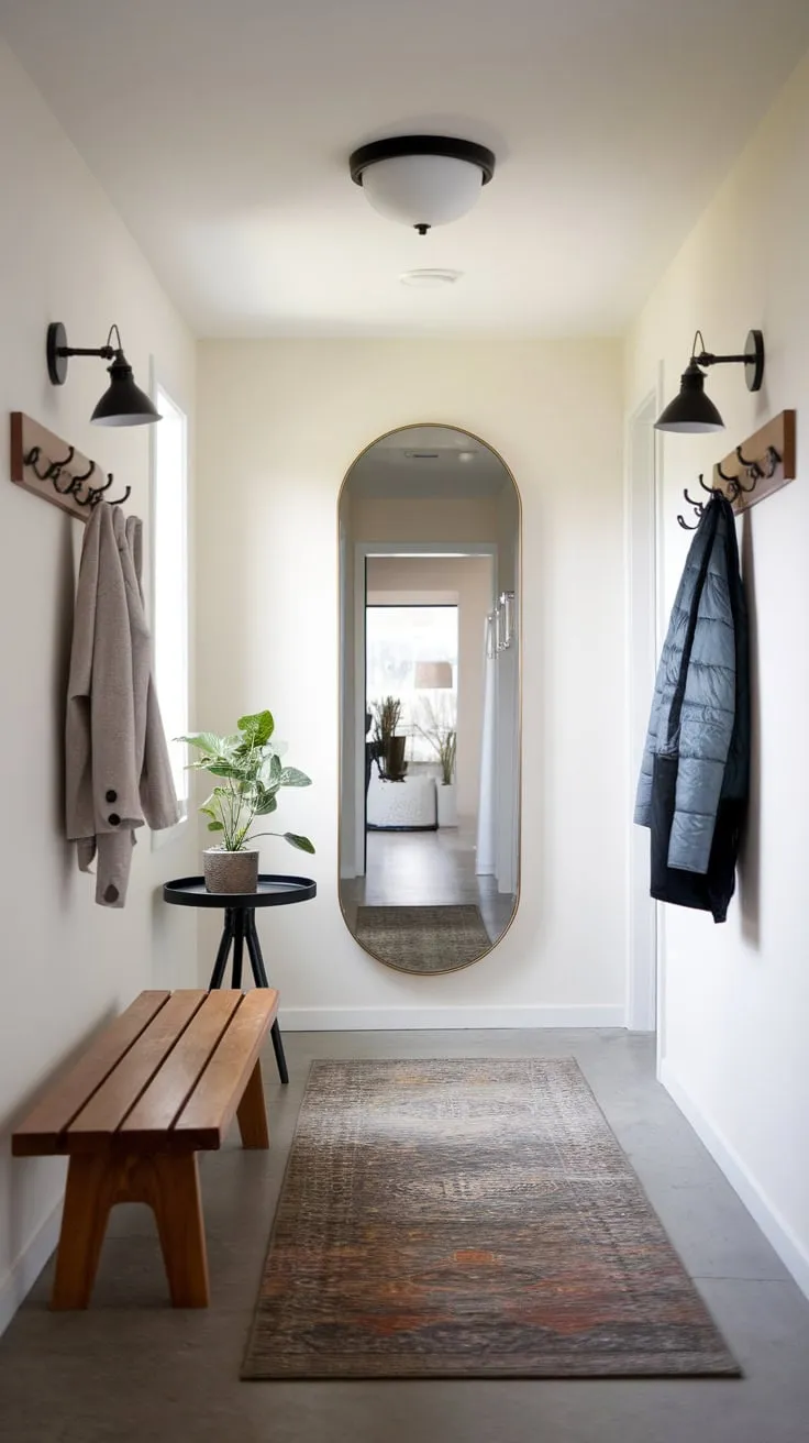 A sleek modern entryway boasts a stylish mirror, wooden bench, and subtle lighting creating a welcoming and functional space