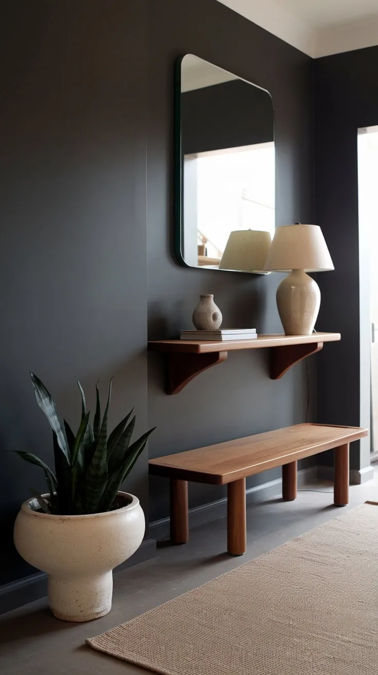 A calming modern entryway features a dark gray wall, wooden accents, and soft lighting to create a welcoming atmosphere
