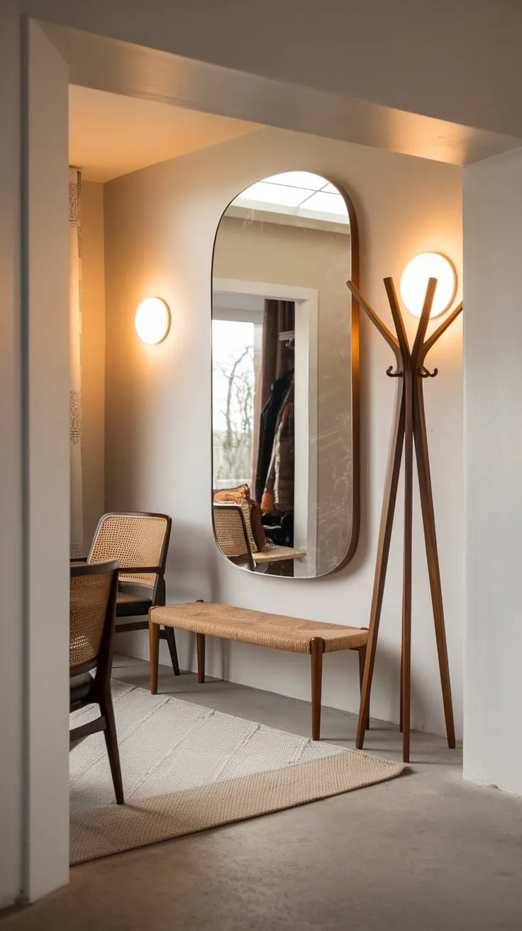 A spacious white entryway, enhanced by a large mirror and comfortable seating, offers a sophisticated yet inviting first impression.
