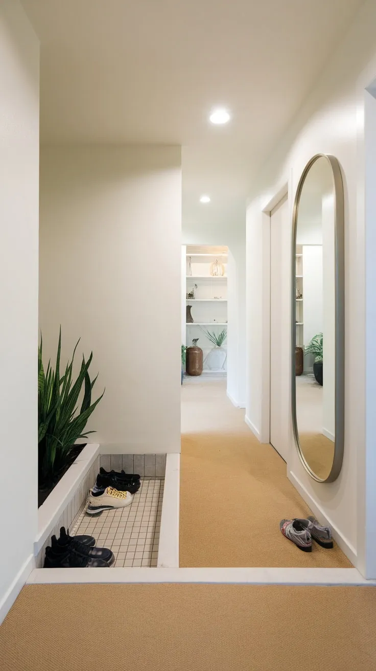 A stylish modern entryway boasts a practical wet area for shoes, a potted plant, and a hallway mirror against a backdrop of white walls and beige carpet.