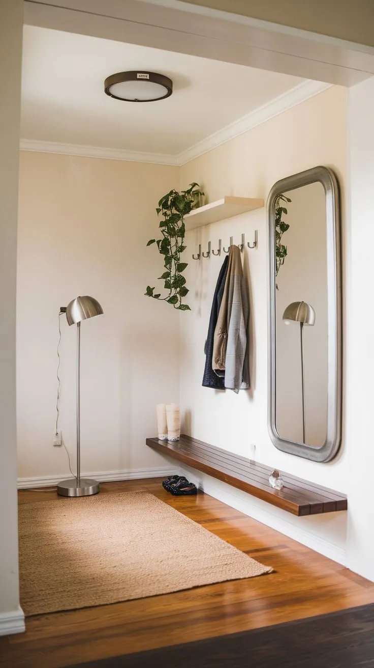 A sleek modern entryway boasts hardwood floors, a minimalist aesthetic, and a hallway mirror reflecting light from a stylish floor lamp.