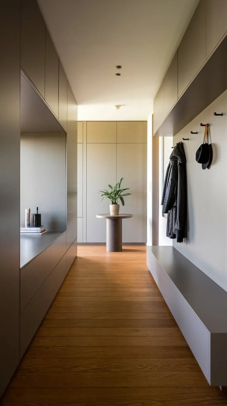 A bright modern entryway boasts sleek design elements including hardwood floors, minimalist furniture, and ample storage.