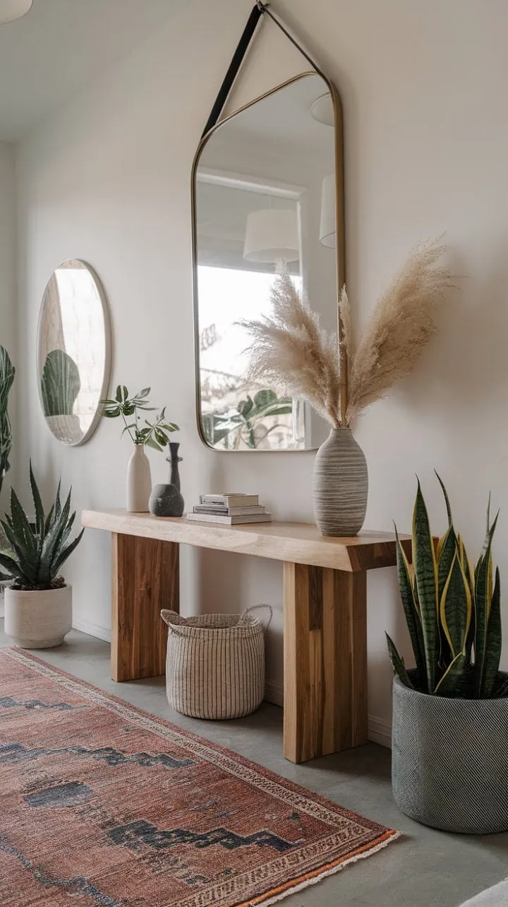 Sunlight dances through a bright entryway, where a stylish blend of modern decor and greenery creates a serene and sophisticated atmosphere.