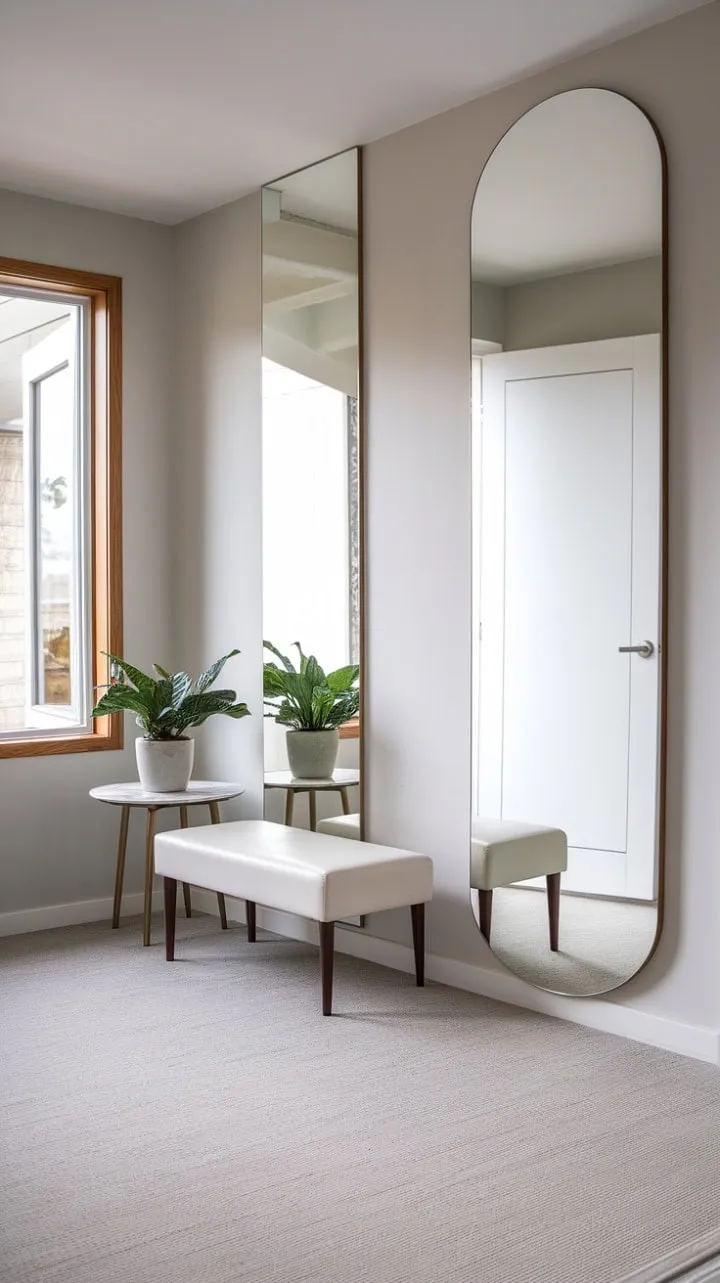 This modern entryway masterfully combines style and practicality, featuring a floor-length mirror, minimalist decor, and a refreshing touch of greenery for a serene first impression.