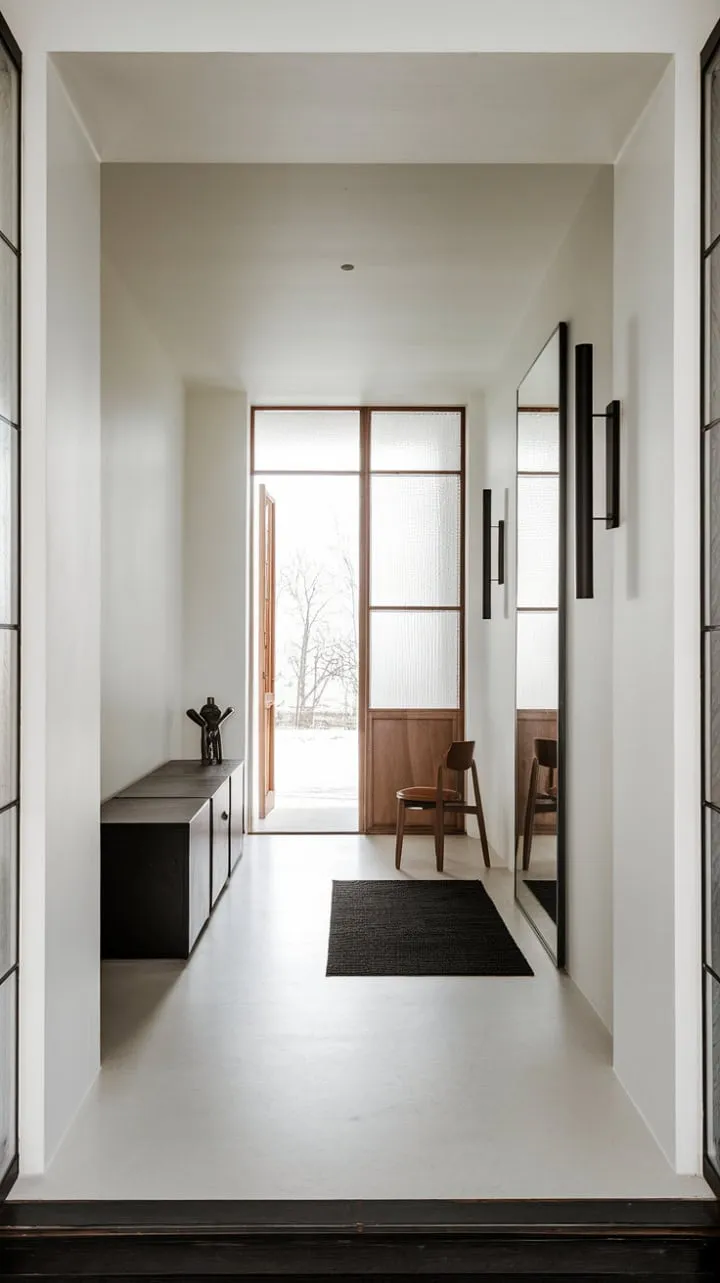 This modern entryway masterfully blends minimalist design with strategic lighting and reflective elements, creating an inviting sanctuary of understated elegance.