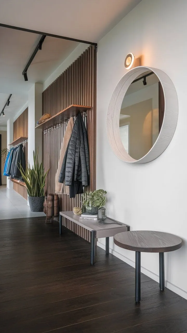 The enchanting dance of light and shadow in this elegantly designed entryway, highlighted by a circular mirror with built-in lighting, beautifully contrasts the dark wood floor and white walls, setting the stage for a sophisticated yet functional space.