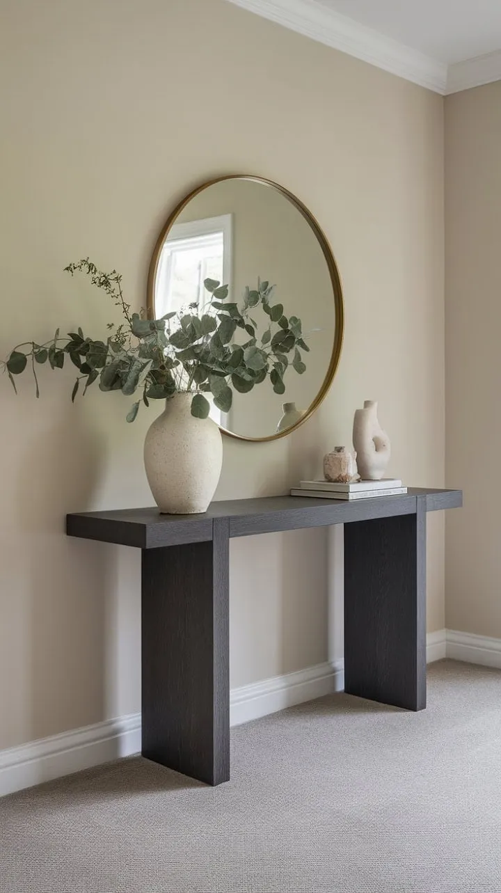 This modern entryway masterfully blends textures and tones, featuring a dramatic circular mirror and refreshing greenery for an inviting yet sophisticated ambiance.