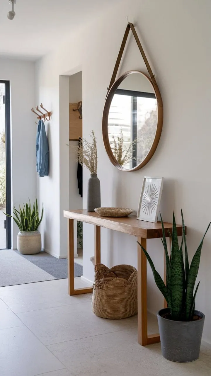 This modern entryway blends sleek design with practicality, featuring a stylish console table, a radiant mirror, and lush greenery for an inviting touch.