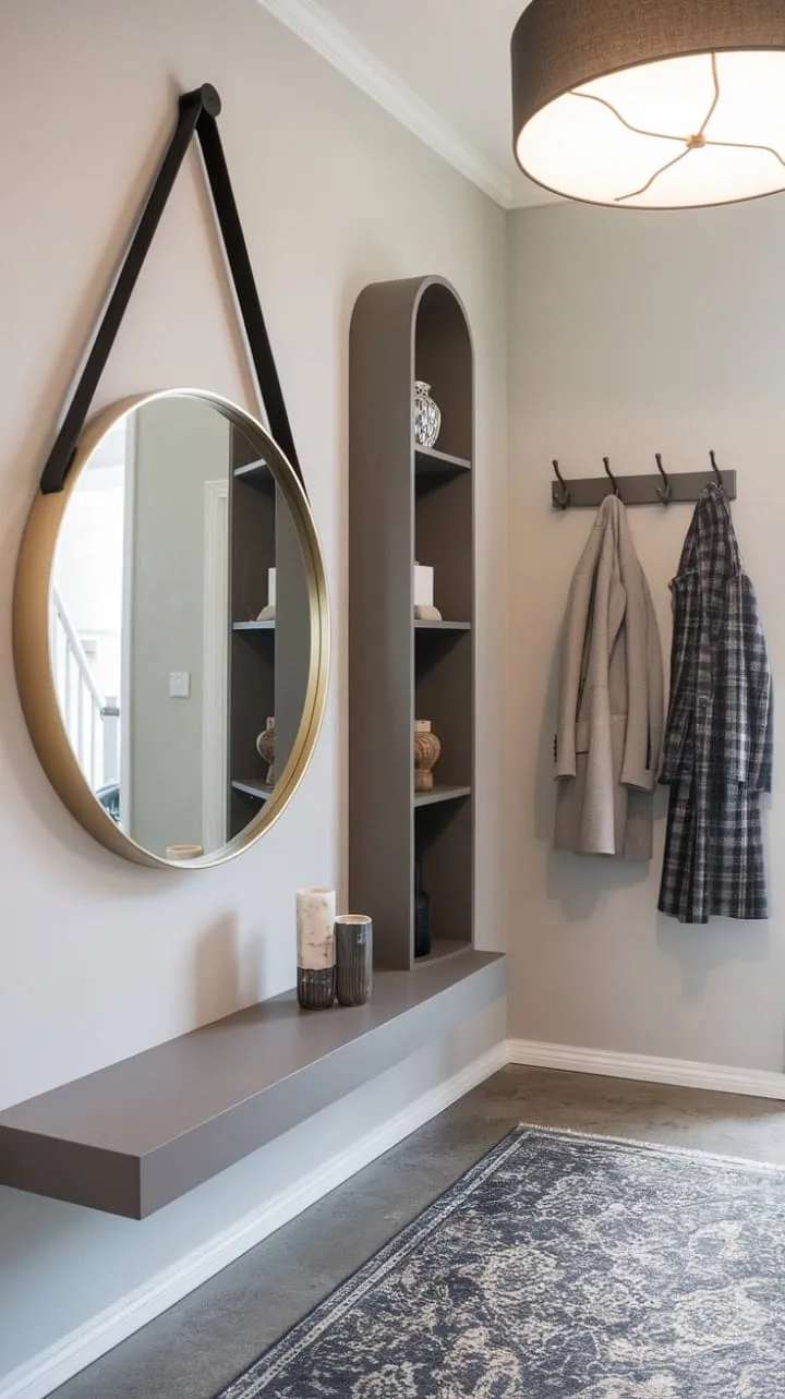 The entryway's calming gray walls and large round mirror beautifully enhance its modern elegance, while a curated shelf, coat rack, and patterned rug create a stylish and inviting ambiance.