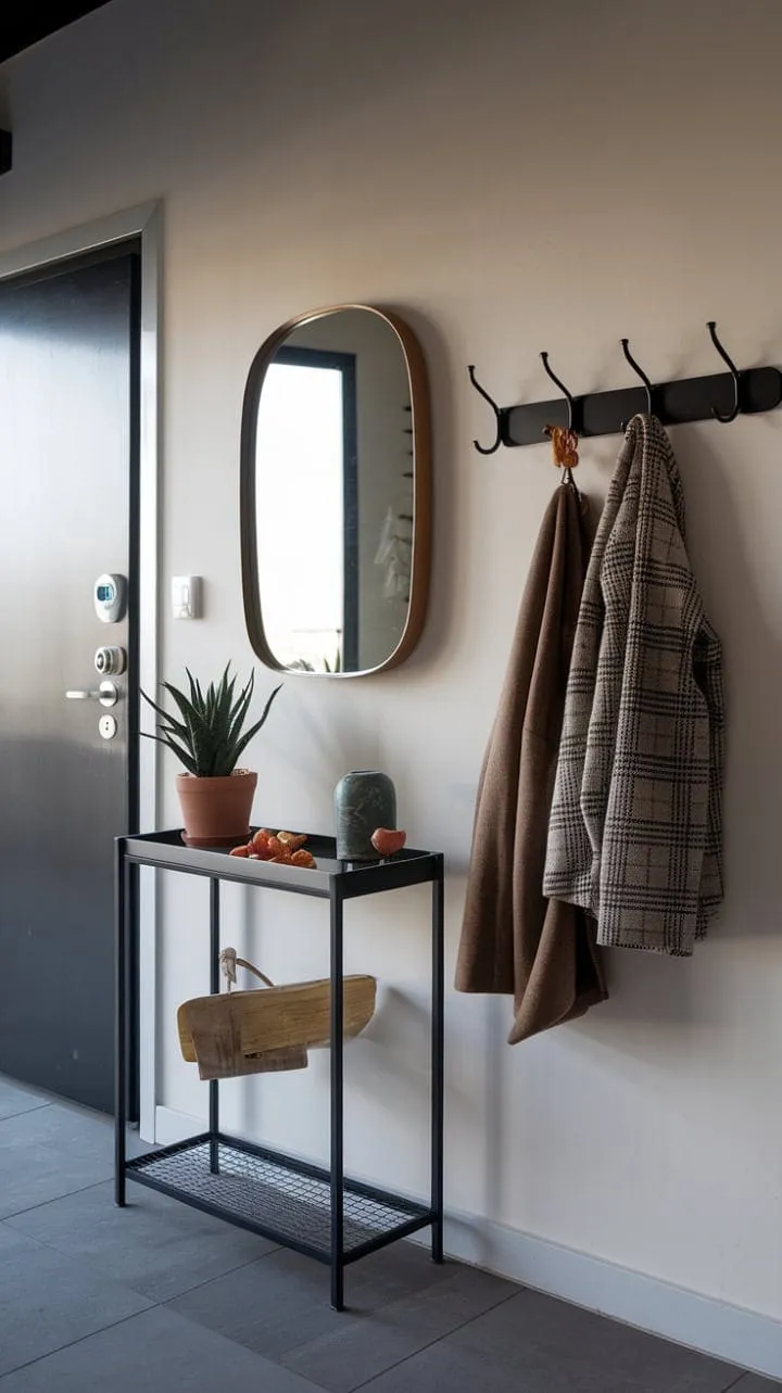 A serene minimalist entryway, illuminated by gentle light, harmoniously combines sleek design with a lively touch of greenery.
