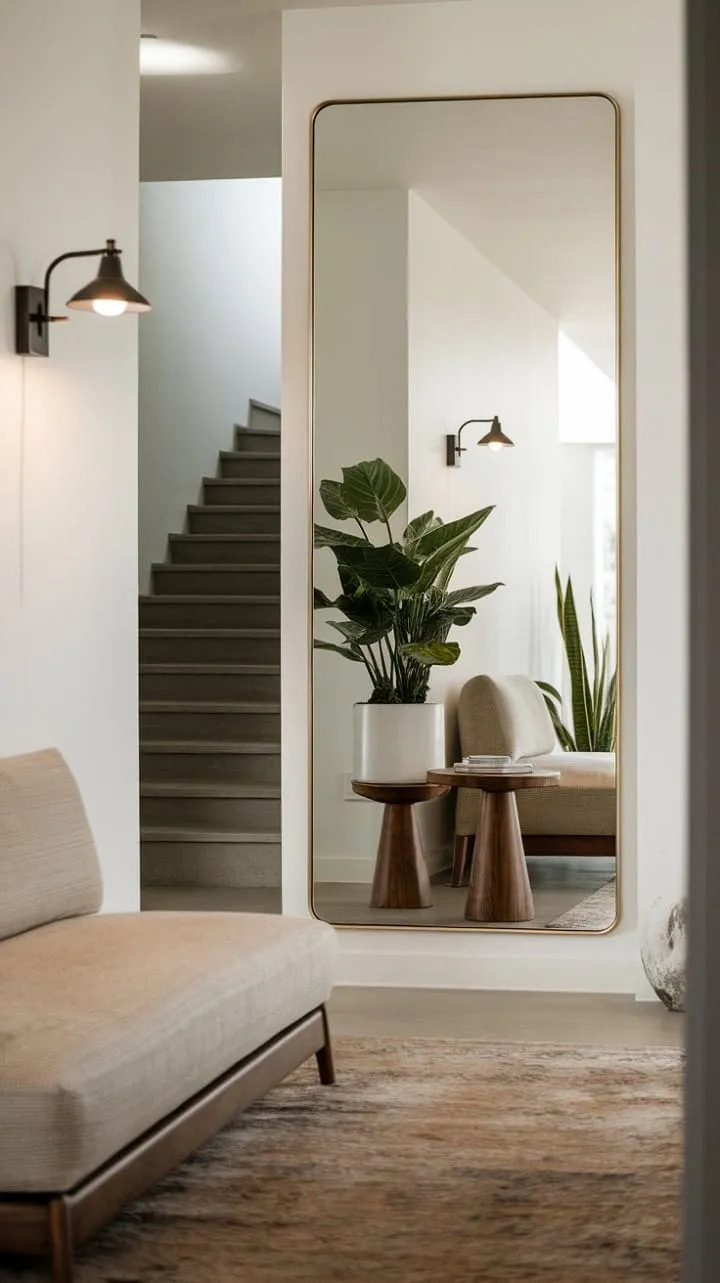 This minimalist entryway exudes understated elegance, featuring a strategically placed mirror that amplifies the cozy ambiance of the seating area and potted plant.