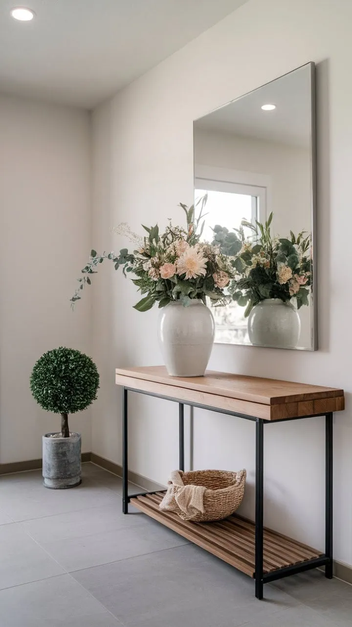 Bathed in sunlight, this entryway exudes a welcoming charm with its elegant wooden console, fresh flowers, and a large mirror that enhances the airy atmosphere.