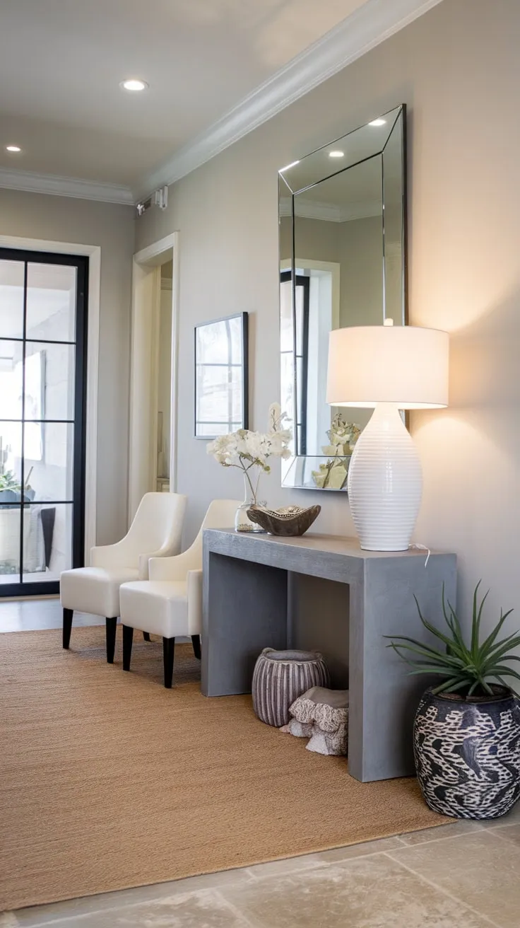 A bright modern entryway features a gray console table, white chairs, and a large mirror, creating a welcoming and stylish space.