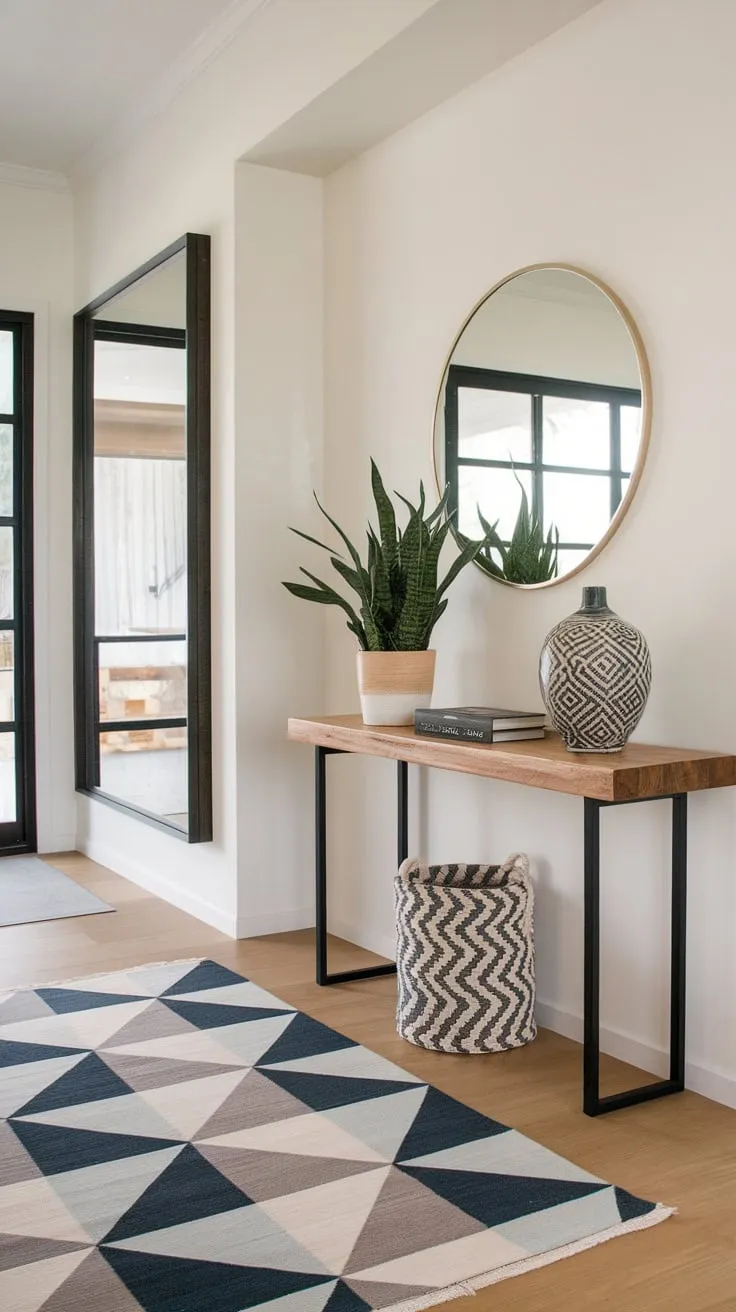 A geometric rug, wooden console, and hallway mirror define this bright modern entryway's stylish appeal