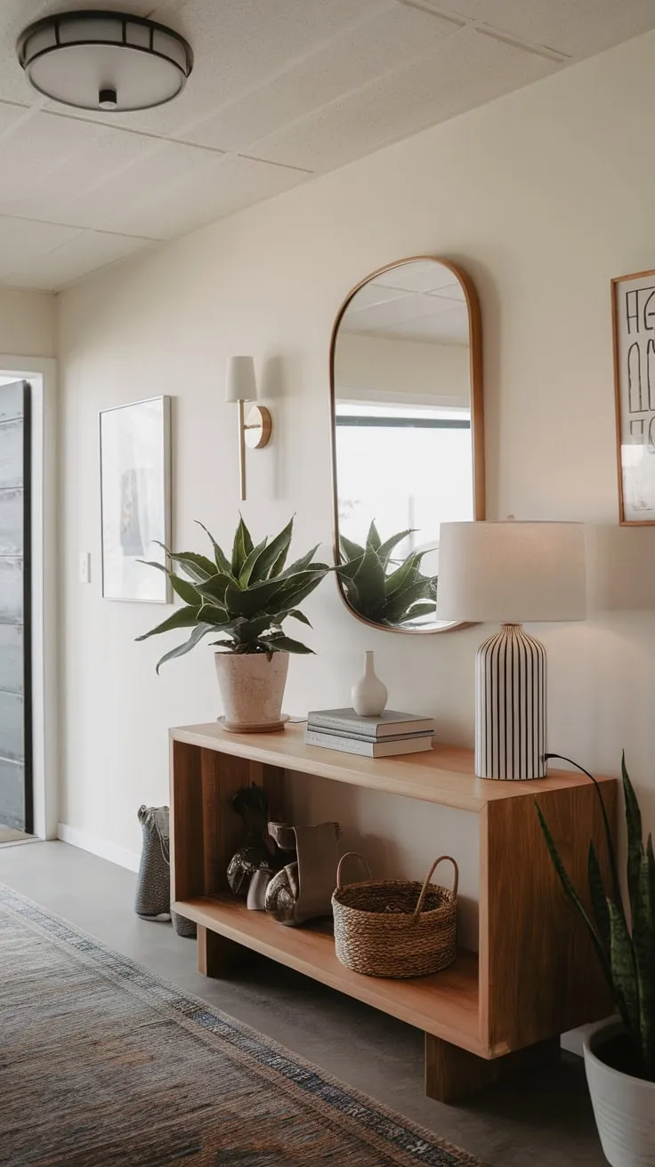 A stylish modern entryway boasts a wooden console table adorned with plants, a lamp, and a mirror, complemented by wall art and a cozy rug.