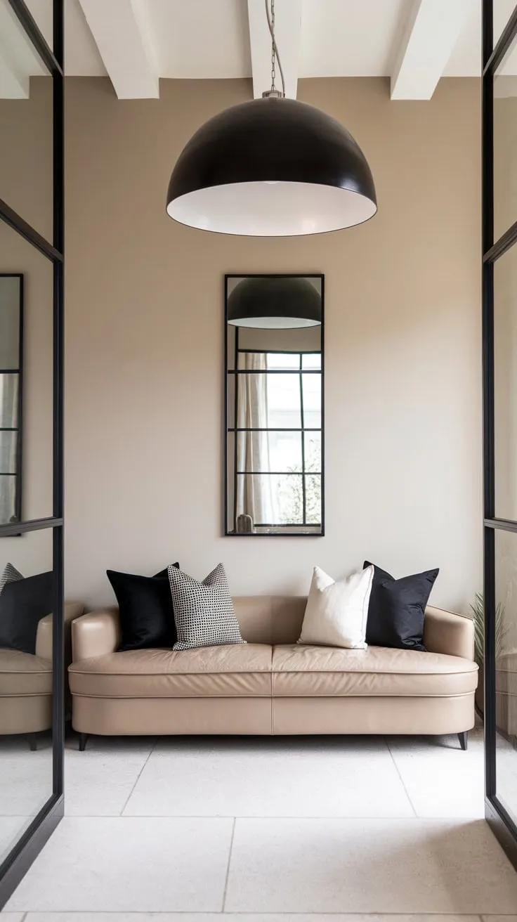 A chic modern entryway boasts a beige sofa, black pendant light, and white tile floor, creating a stylish and inviting space