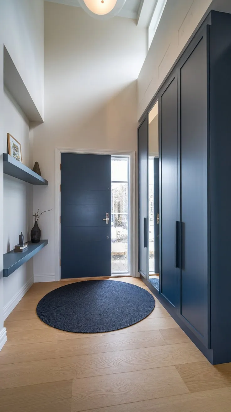 A stylish modern entryway boasts a light wood floor, white walls, and a striking dark blue accent wall with matching door and rug, creating a sophisticated and welcoming atmosphere