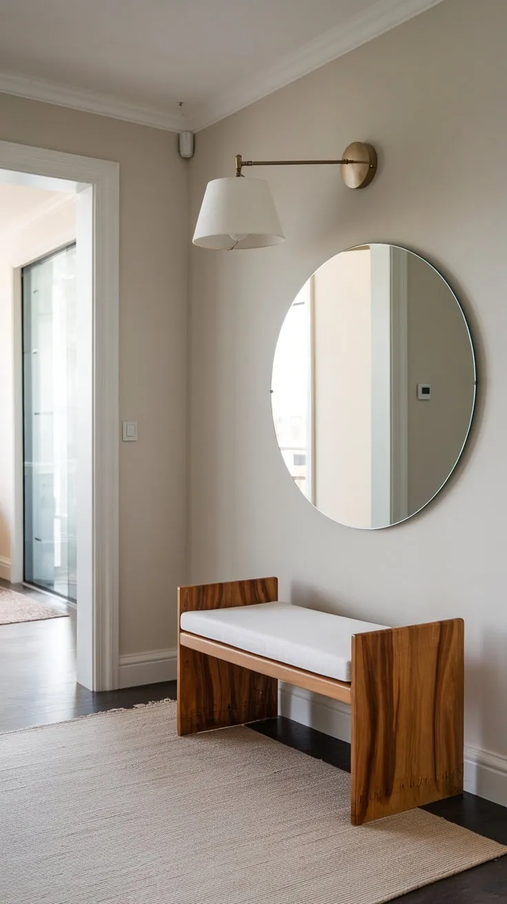 Light grey walls and a stylish rug complete the contemporary design of this inviting entryway.