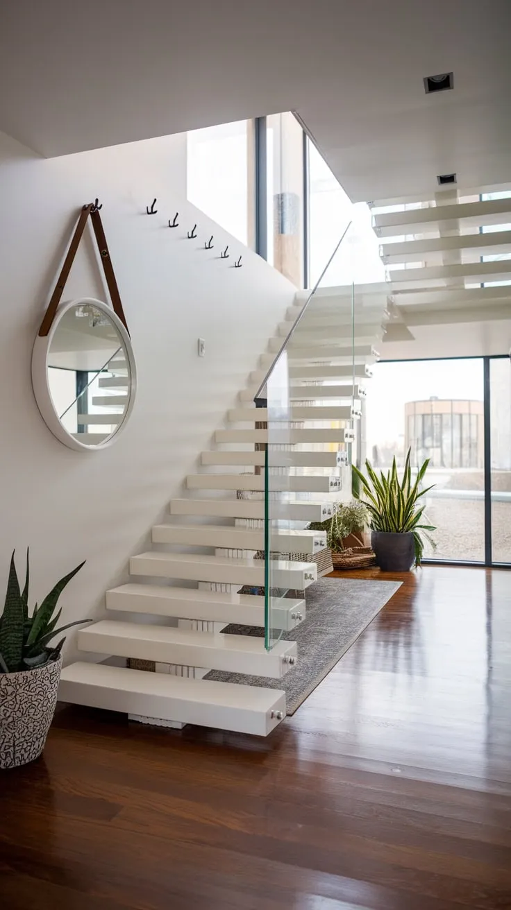 A bright, airy modern entryway features a floating staircase, minimalist accents, and natural light enhancing its sophisticated design.
