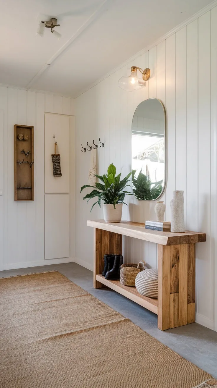 Modern design meets functionality in this welcoming entryway, featuring a sleek console table, decorative accents, and ample storage.