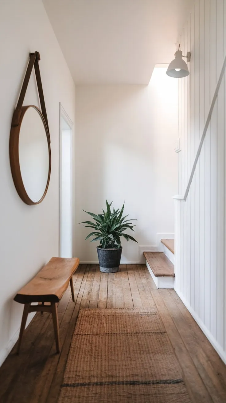 Modern design meets practical functionality in this inviting entryway featuring a wood bench, potted plant, and a large round mirror against crisp white walls.