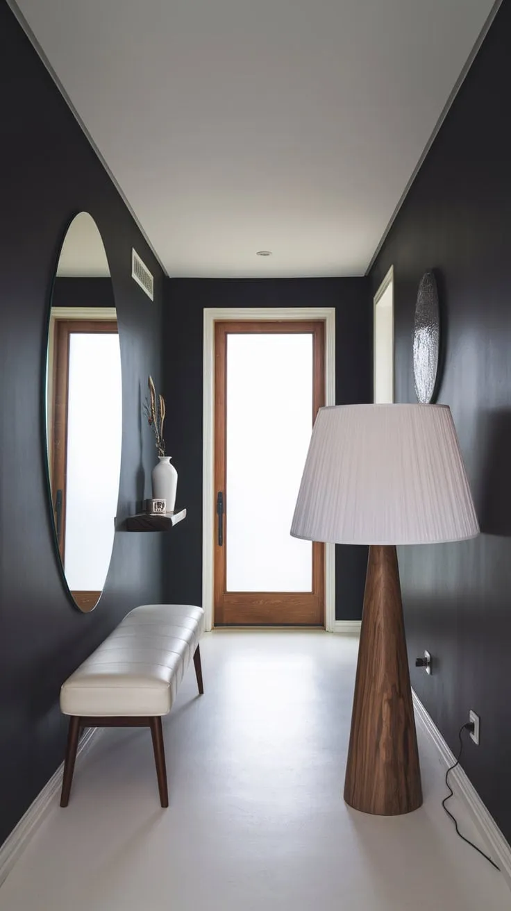 Clean lines and a minimalist palette define this modern entryway, highlighted by a dark gray wall and strategic pops of white.