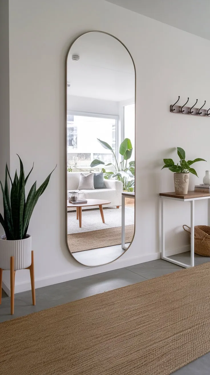 A bright modern entryway, featuring a long mirror reflecting a cozy living room and accented by a console table and coat hooks, creates a welcoming first impression.