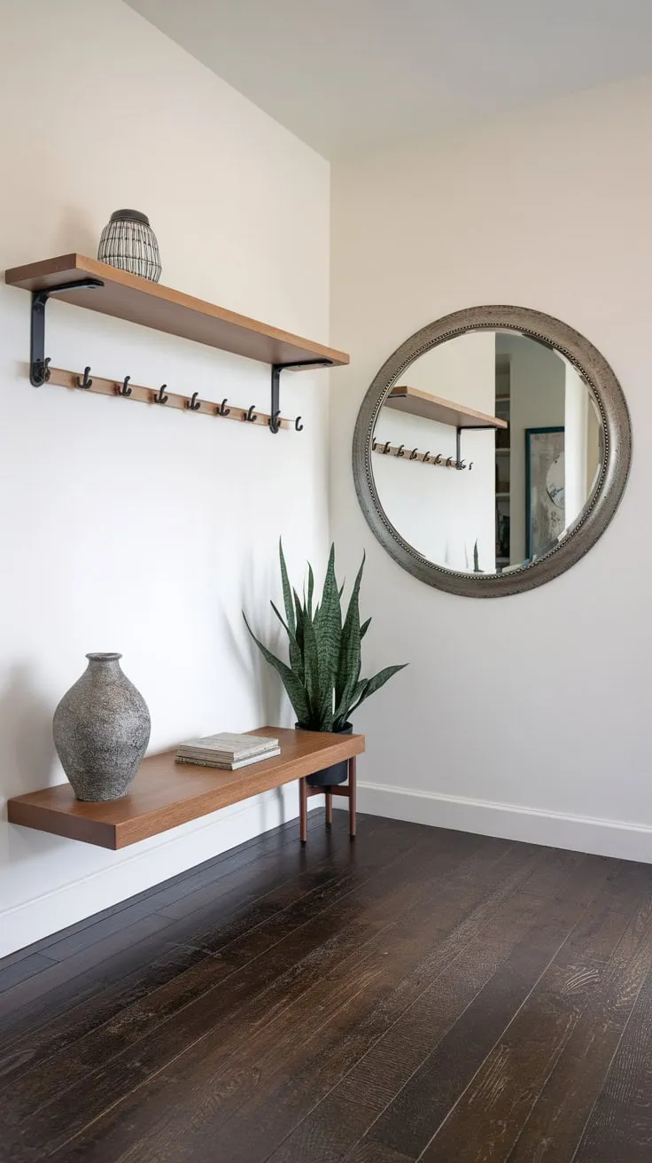 Dark wood floors and a touch of greenery complement the modern design of this welcoming hallway.
