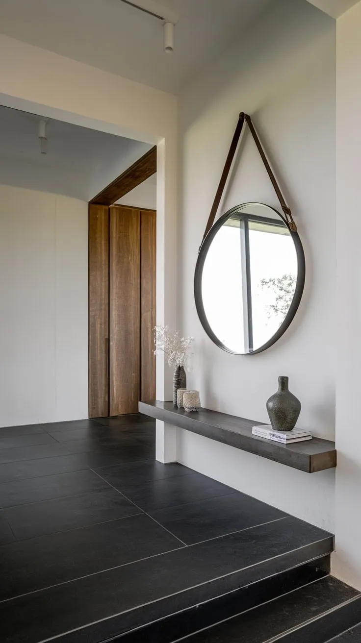 Bright lighting illuminates a modern entryway featuring a dark gray floor, white walls, a large round mirror, and a minimalist shelf.