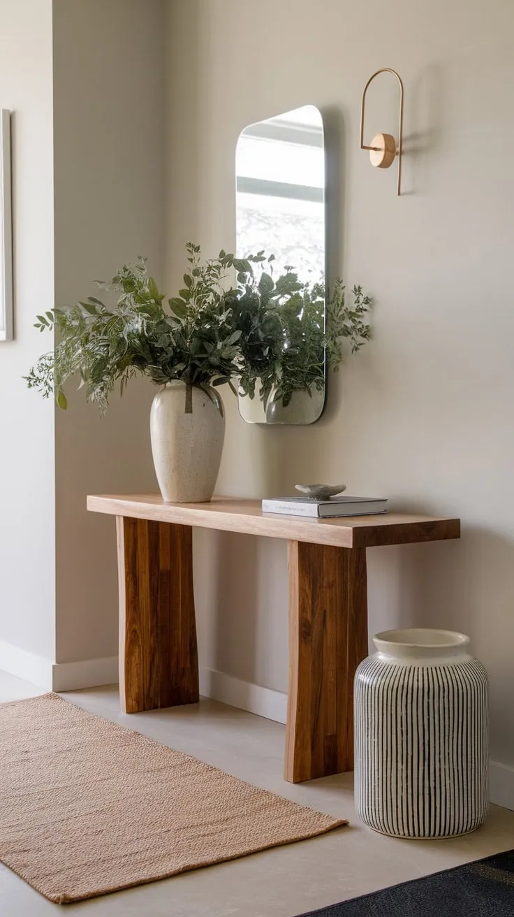 Modern minimalism defines this entryway, showcasing a console table, greenery, mirror, and rug in a calming light grey space.