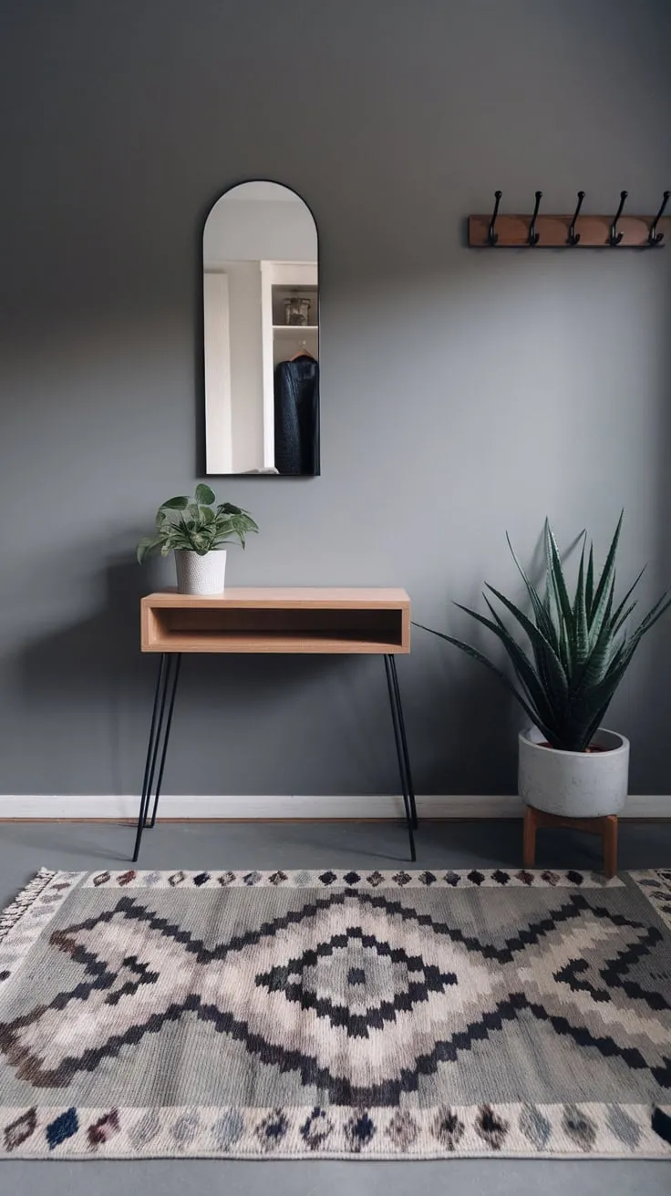 A stylish modern entryway boasts a gray wall, geometric rug, wooden console, and thoughtful details like a mirror and coat hooks, creating a welcoming and functional space
