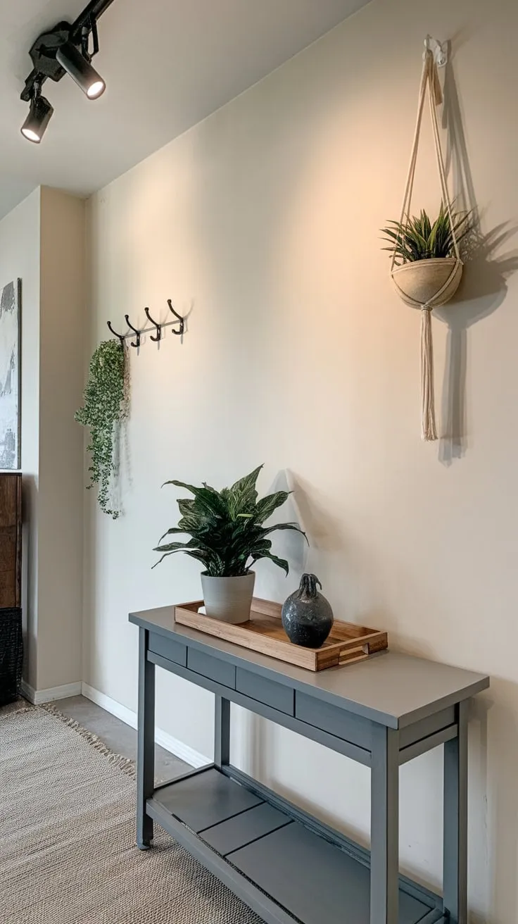 Clean lines and thoughtful details define this modern entryway, where a console table, wall hooks, and potted plants combine form and function.