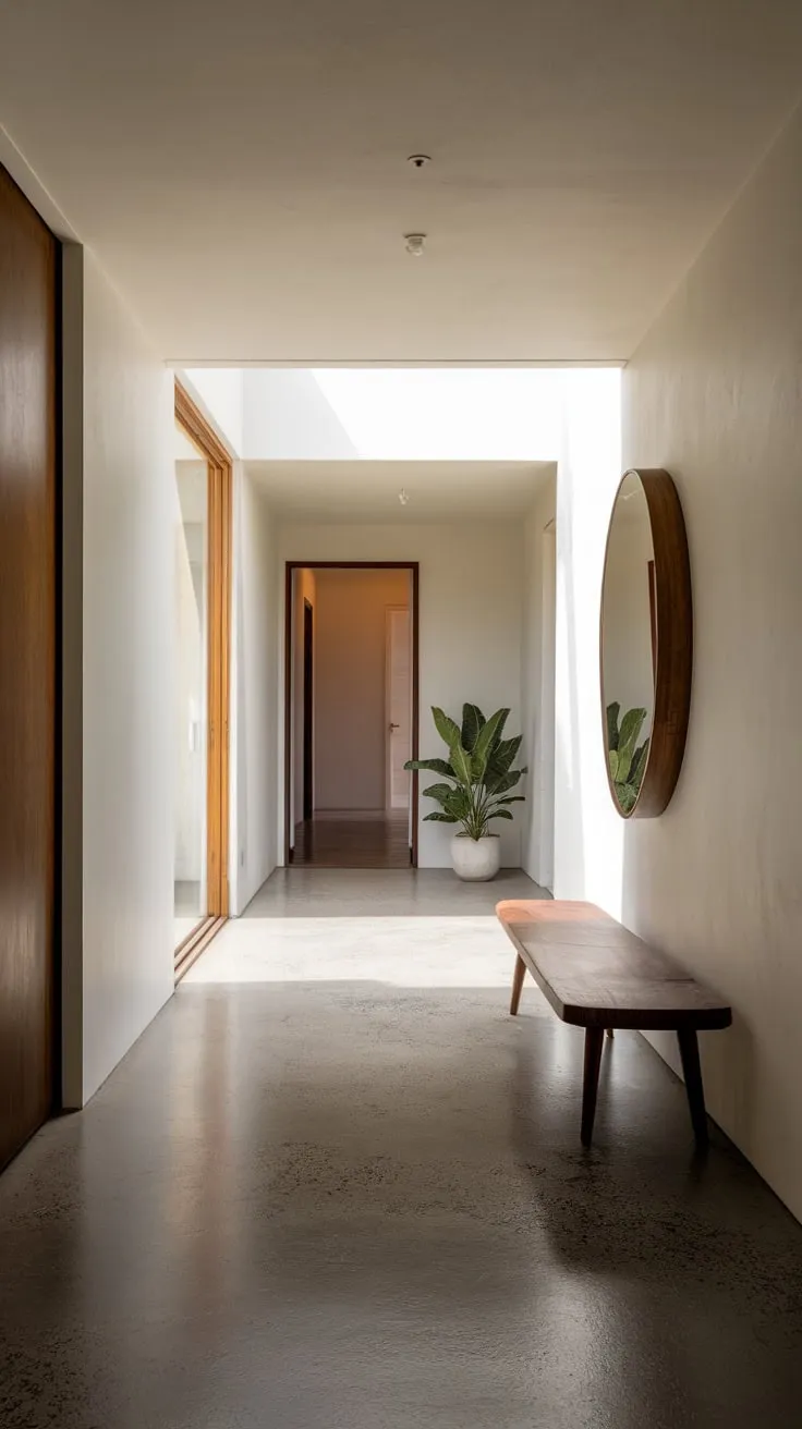 Soft lighting highlights a clean-lined design featuring a wooden bench, potted plant, and wall-mounted mirror in a calming modern hallway.