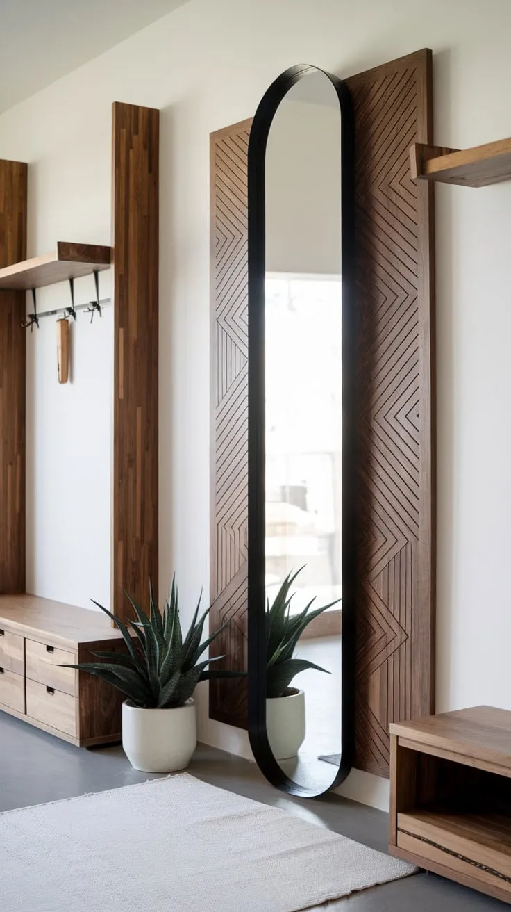 Geometric wood paneling and a black mirror accent a minimalist entryway, complemented by natural wood furniture and a potted plant.