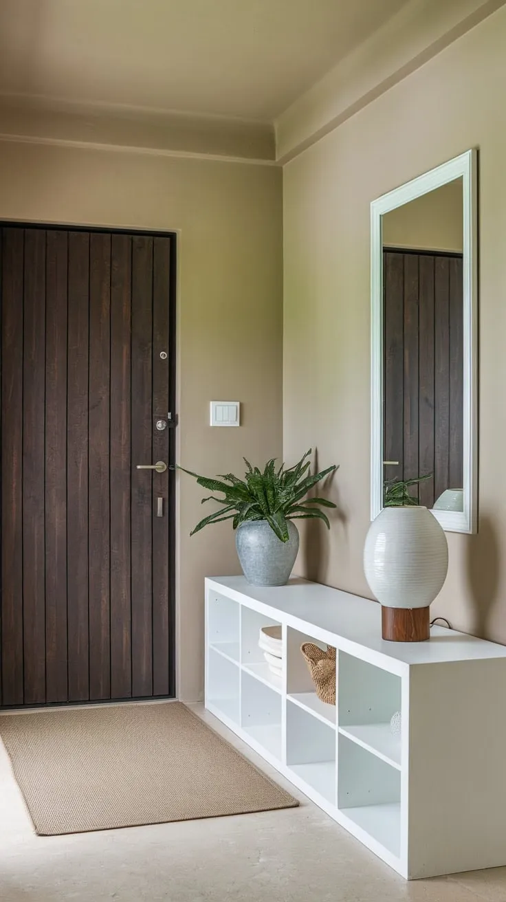 A minimalist modern entryway features a dark wood door, white shelving with greenery and a lamp, a beige rug, and a frameless mirror reflecting understated elegance