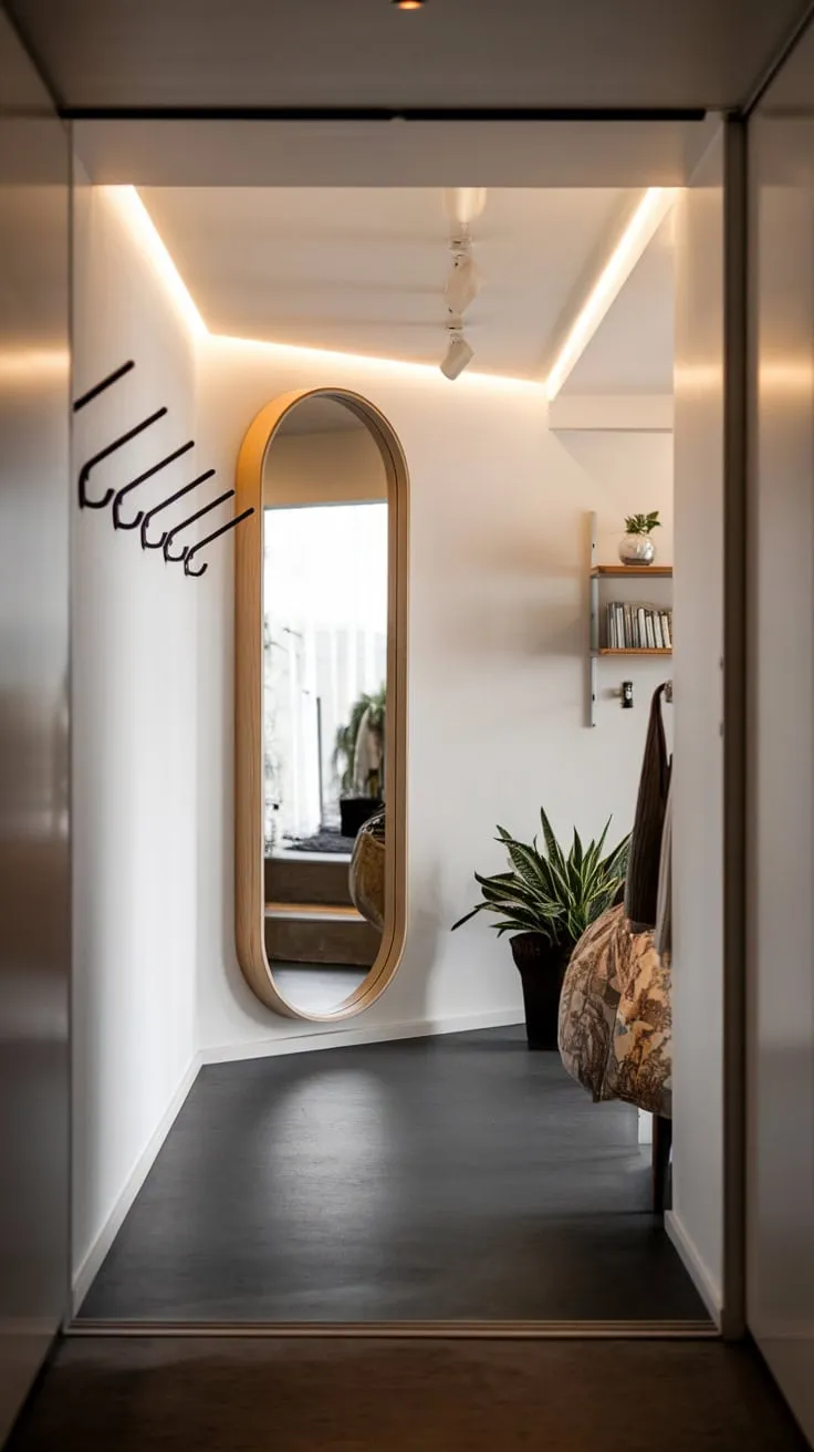 Warm lighting and minimalist décor enhance this stylish and functional hallway.