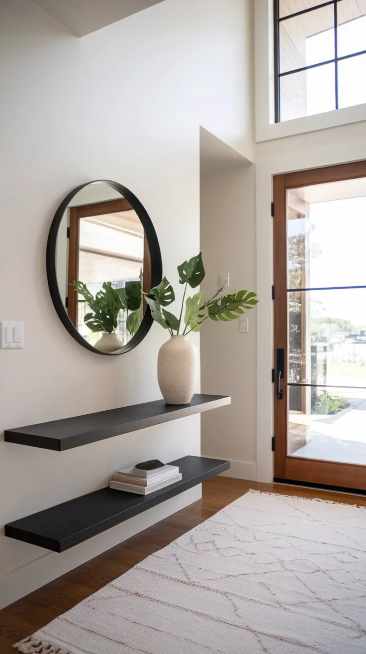 Clean lines and natural elements define this stylish modern entryway, featuring a black-and-white color scheme and a wood door with glass.