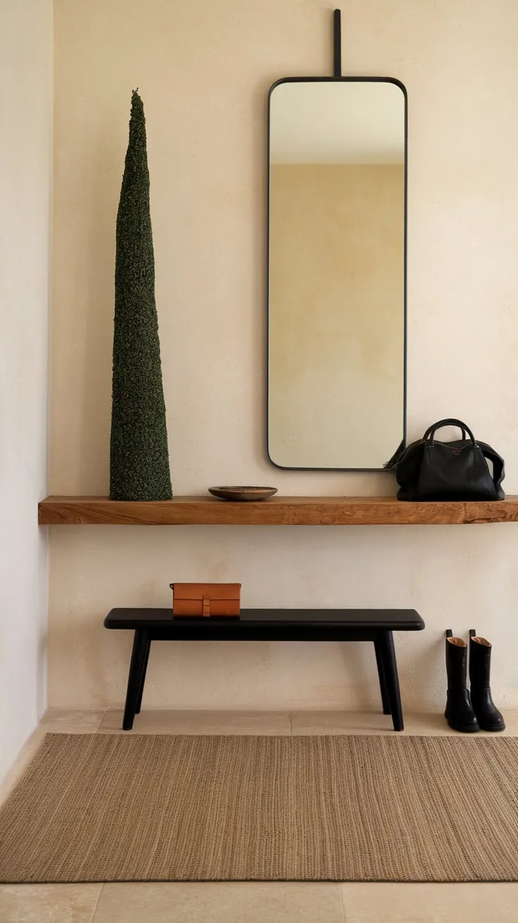 Beige tiles, a wooden shelf, and a large mirror create a sophisticated and welcoming modern entryway.