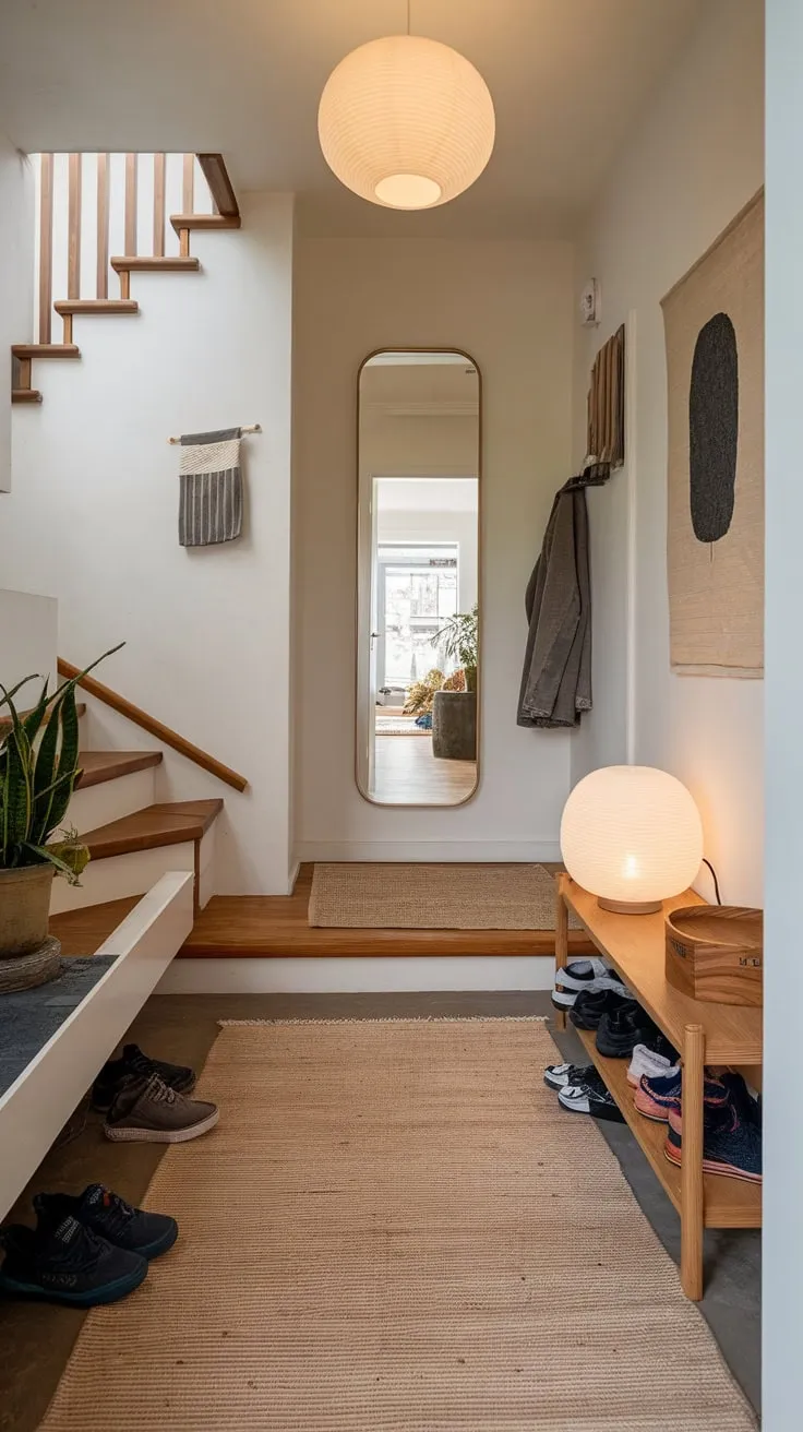 Modern art, warm wood, and a touch of minimalist chic define this inviting entryway.
