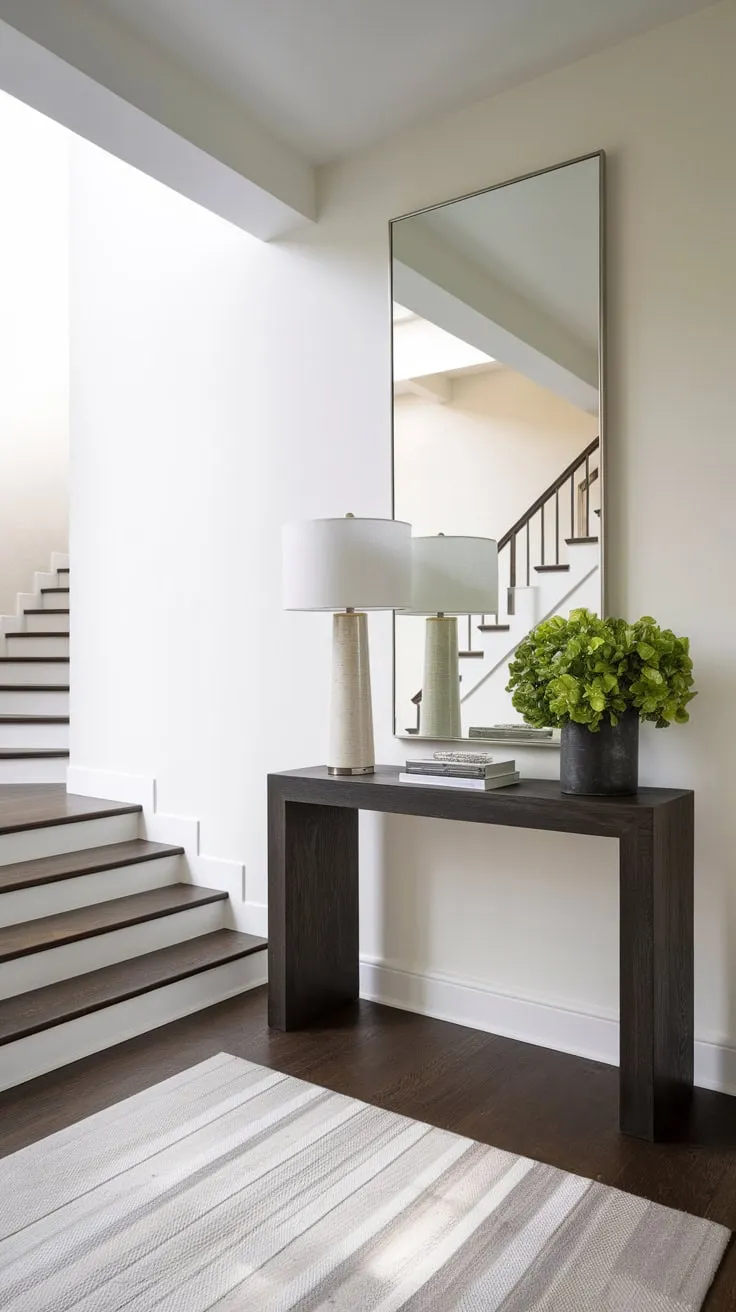 A sleek modern entryway boasts dark wood floors and a console table styled with greenery and a tall lamp, all reflected in a large mirror above a subtle staircase.