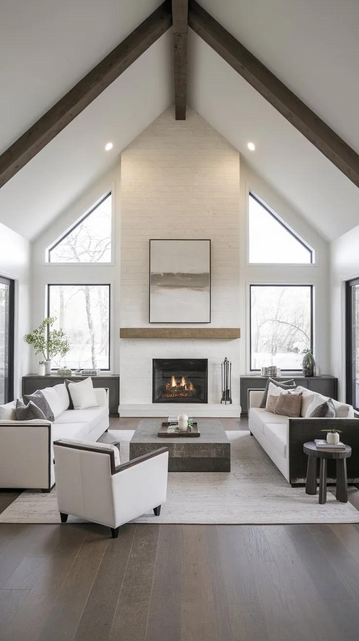 This minimalist contemporary open-plan family room features a vaulted ceiling, a substantial fireplace, and expansive windows, creating a bright and airy living and dining space.
