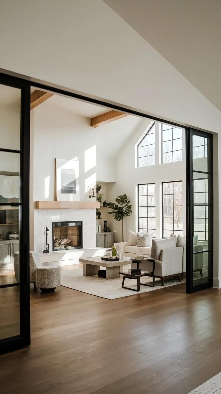 A minimalist modern family room boasts an open floor plan, vaulted ceiling, and fireplace, creating a bright and airy space with wood floors and minimal furniture.