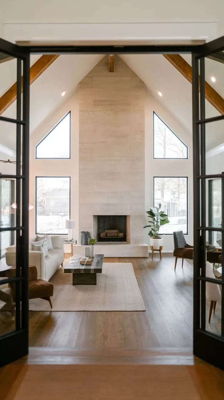 A minimalist modern family room boasts an open floor plan, vaulted ceiling, and a stunning fireplace flanked by windows, creating a bright and airy living space.