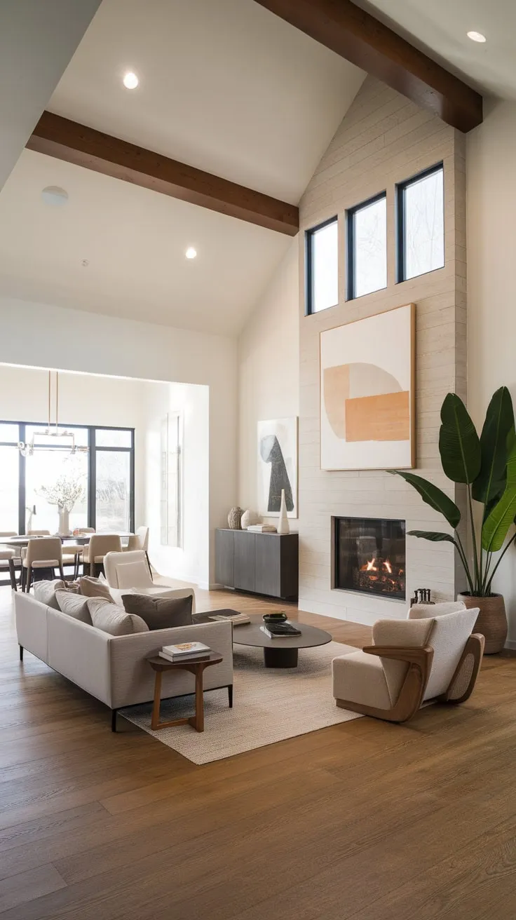 A minimalist modern family room boasts an open floor plan, vaulted ceiling with wooden beams, a large fireplace flanked by windows, and flows seamlessly into a dining area.