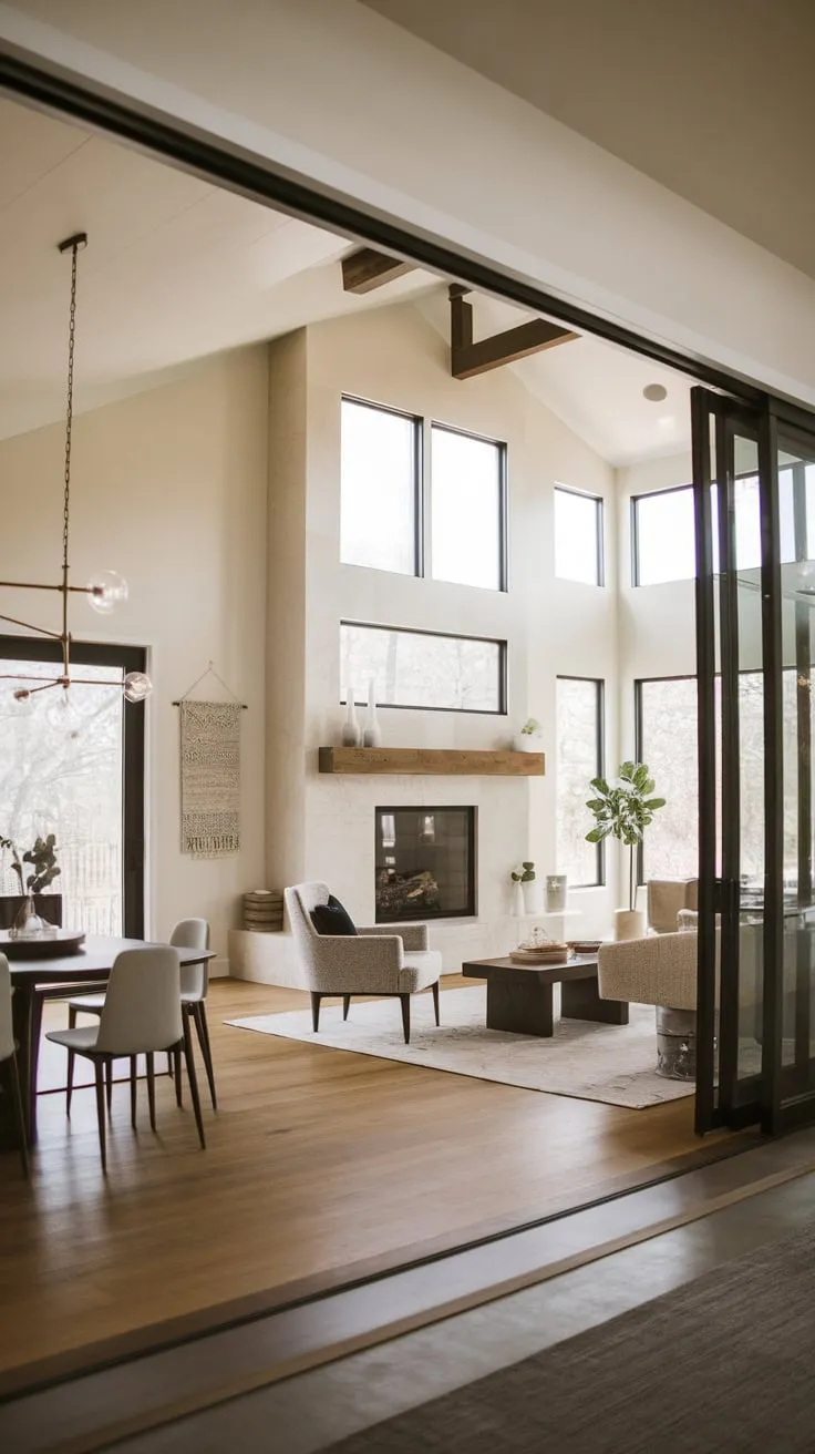 A minimalist modern family room boasts a vaulted ceiling, open floor plan, large fireplace, and hardwood floors creating a spacious contemporary living area.