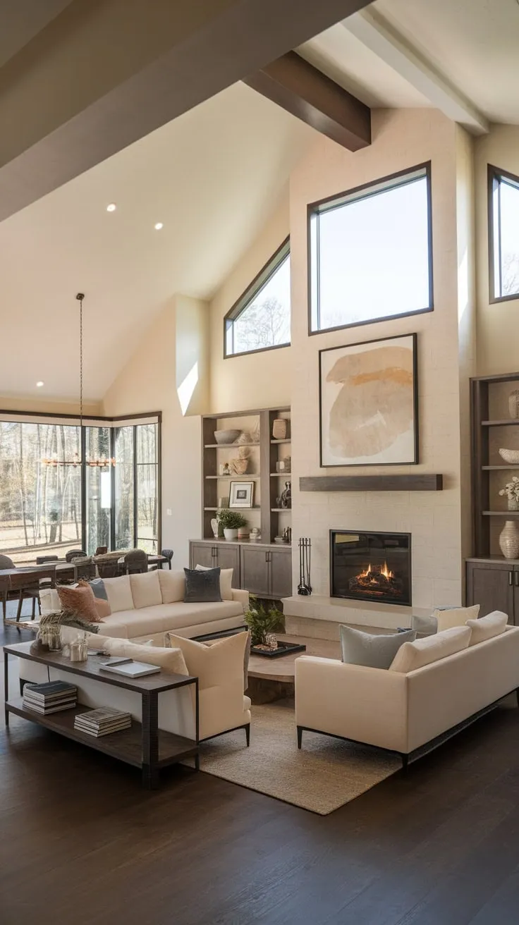A spacious contemporary living and dining area features a stunning fireplace, vaulted ceilings, and large windows flooding the minimalist space with natural light.