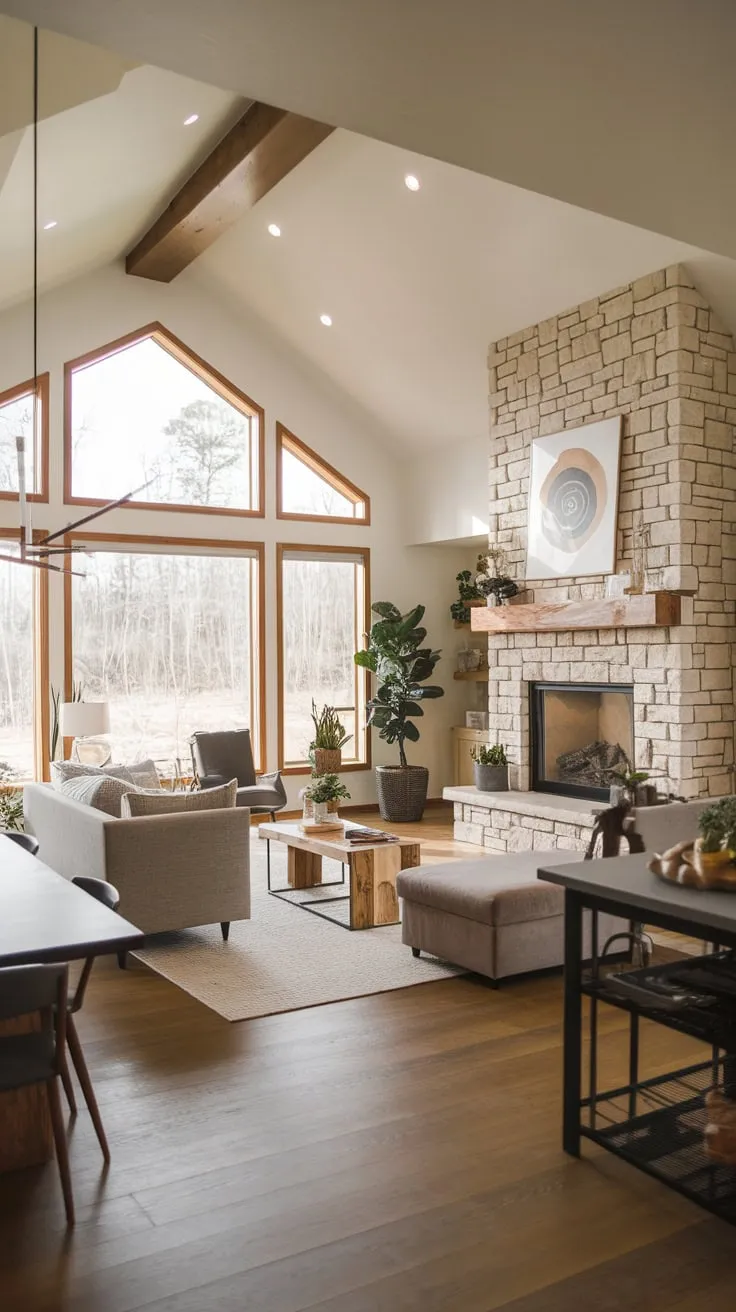 A spacious modern family room boasts a vaulted ceiling, stone fireplace, and open floor plan seamlessly connecting living and dining areas with natural light and stunning nature views