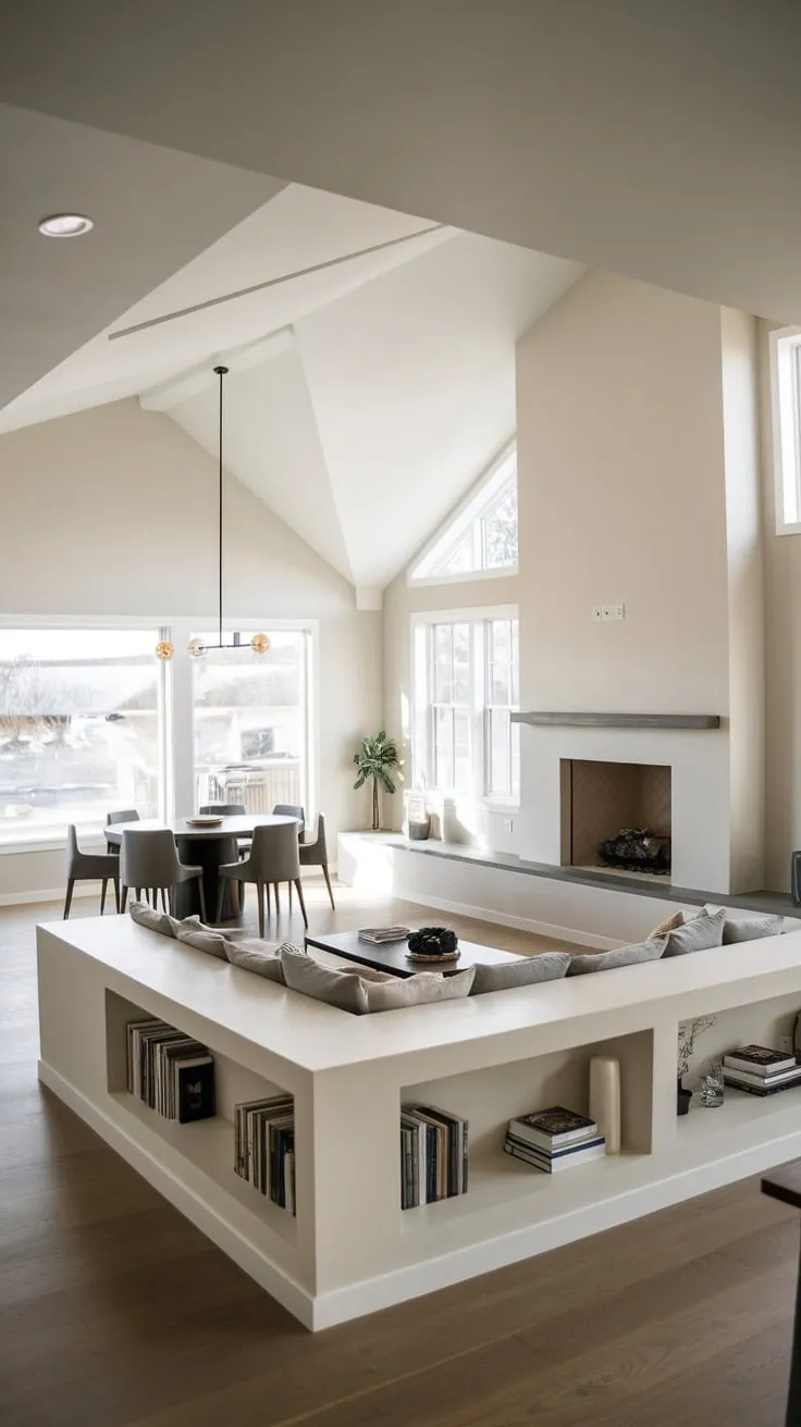 Clean lines and a spacious layout define this modern family room, featuring a stunning fireplace and seamless flow between living and dining areas.